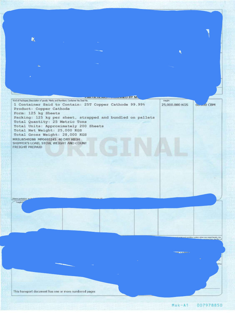 Bill of Lading 25 MT Copper Cathode | PDF