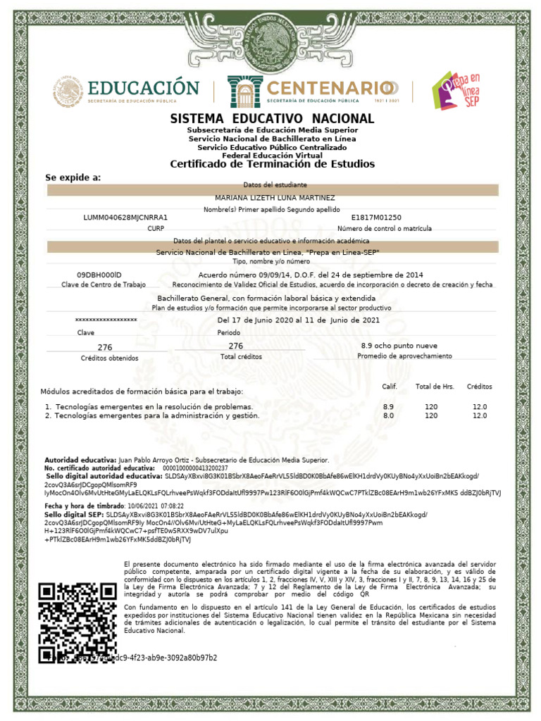 Certificado de Bachillerato en Línea SEP | PDF | Pensamiento | Comunicación