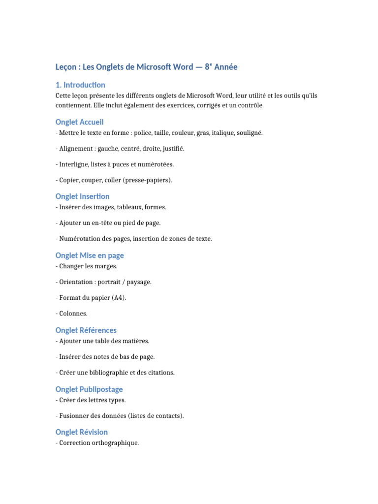 Onglets de Microsoft Word : Guide 8ᵉ Année | PDF