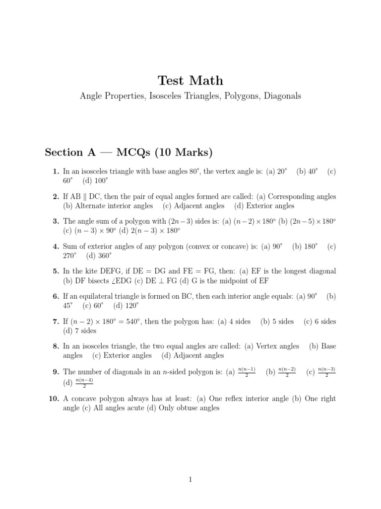 Math Test: Angles and Polygons | PDF | Triangle | Angle