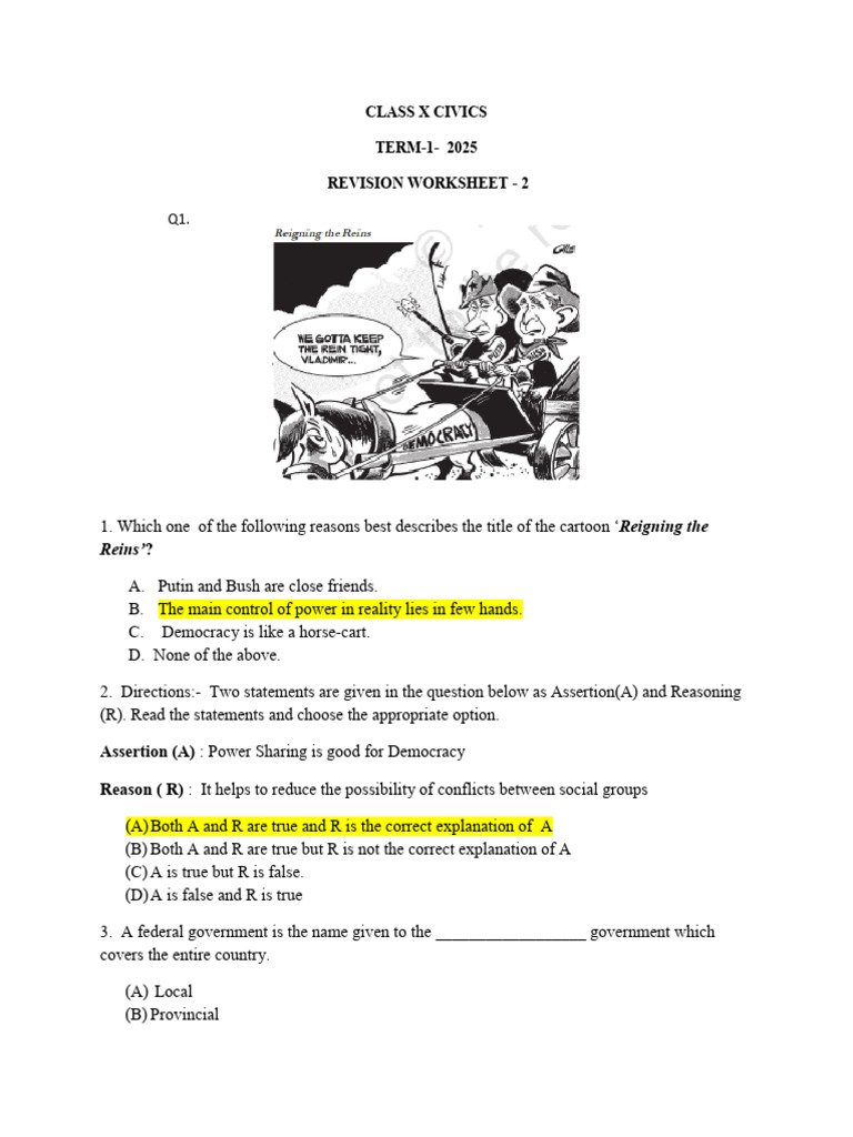 Class X Civics Term-1 Revision Worksheet | PDF | Politics Of India ...
