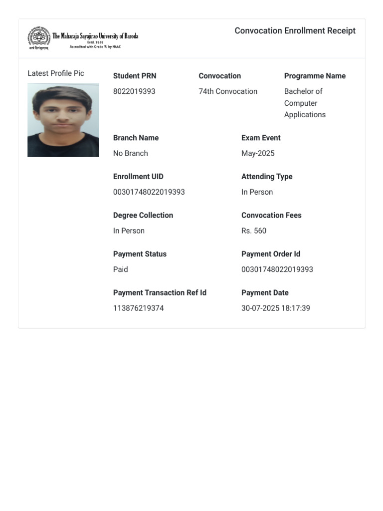 74th Convocation Enrollment Receipt | PDF