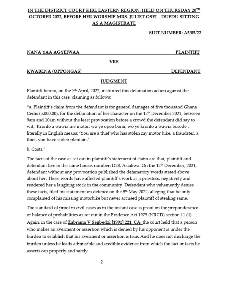 Defamation Case: Nana Yaa Agyeiwaa v. Kwabena | PDF | Defamation ...