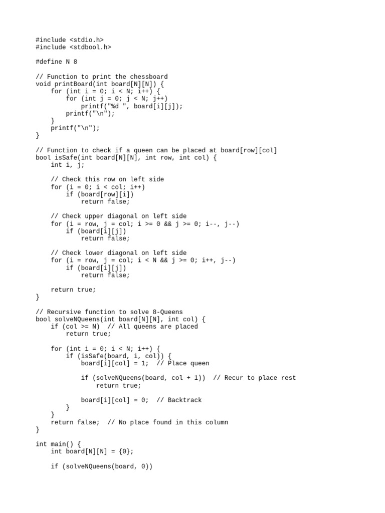 8-Queens Problem Solution in C | PDF