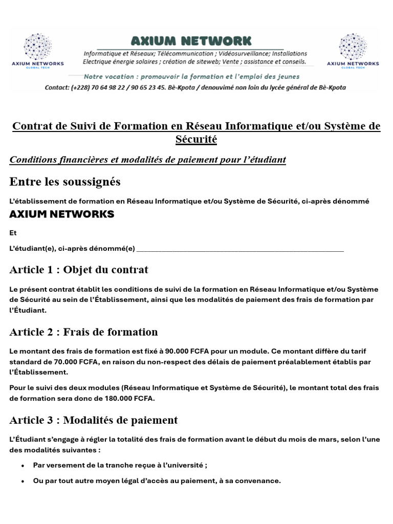 Contrat de Formation en Réseau Informatique | PDF