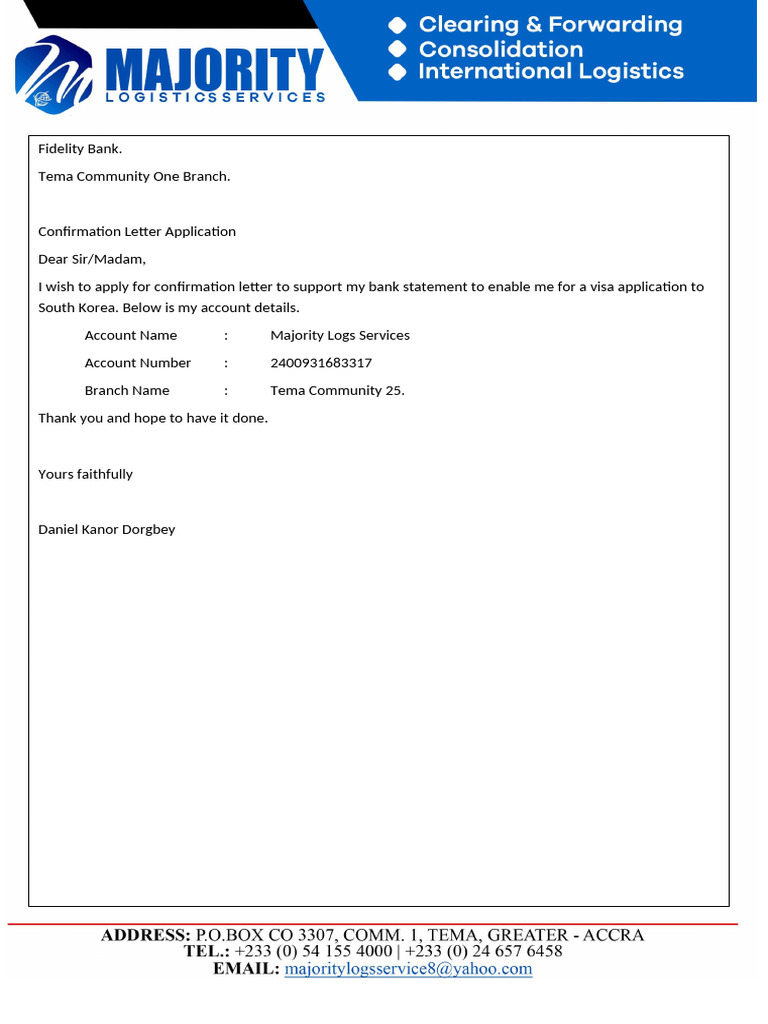 Confirmation Letter Application for Visa | PDF