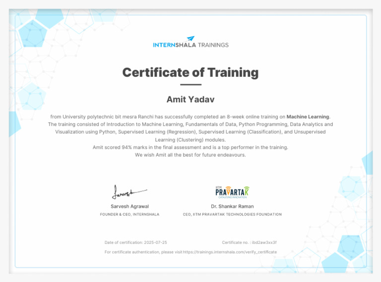 Machine Learning Training - Certificate of Completion | PDF