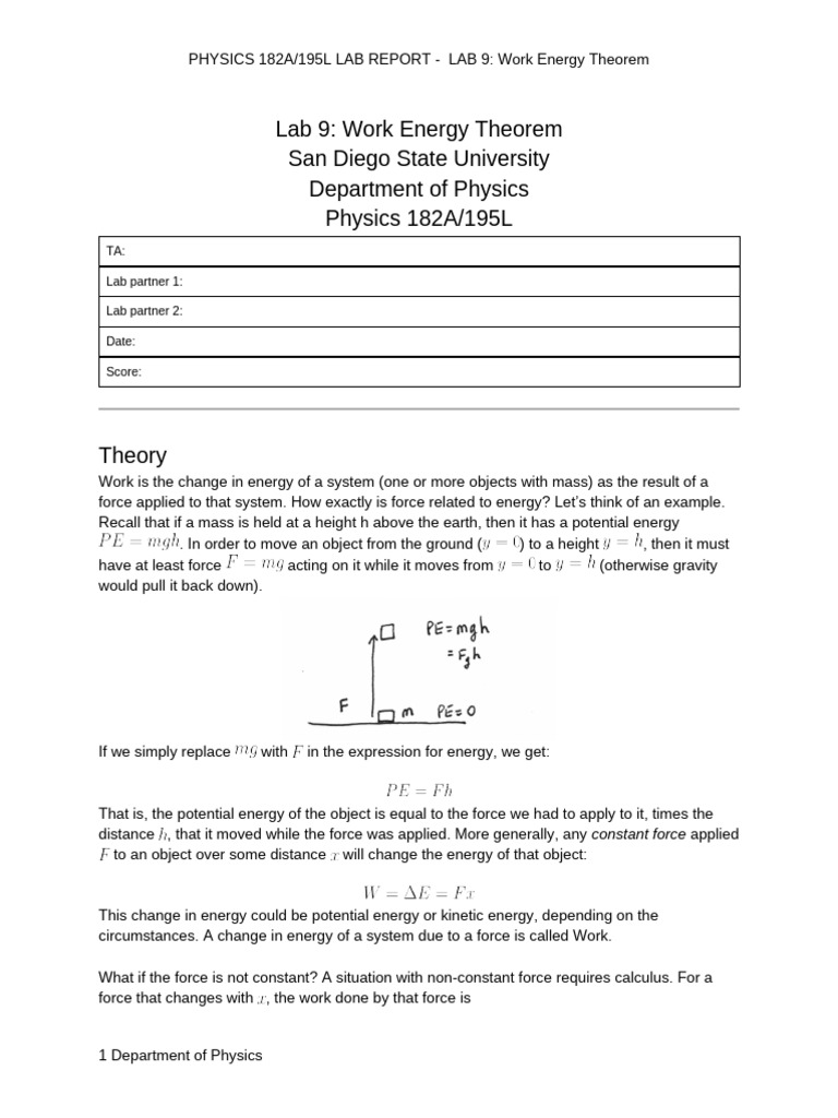 Lab 9 195L-WorkEnergyTheorem-1 (1).docx | PDF | Force | Tension (Physics)