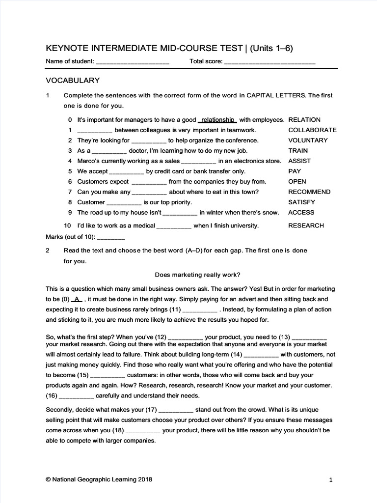 PDF Keynote Intermediate Mid Course Test Compress | PDF