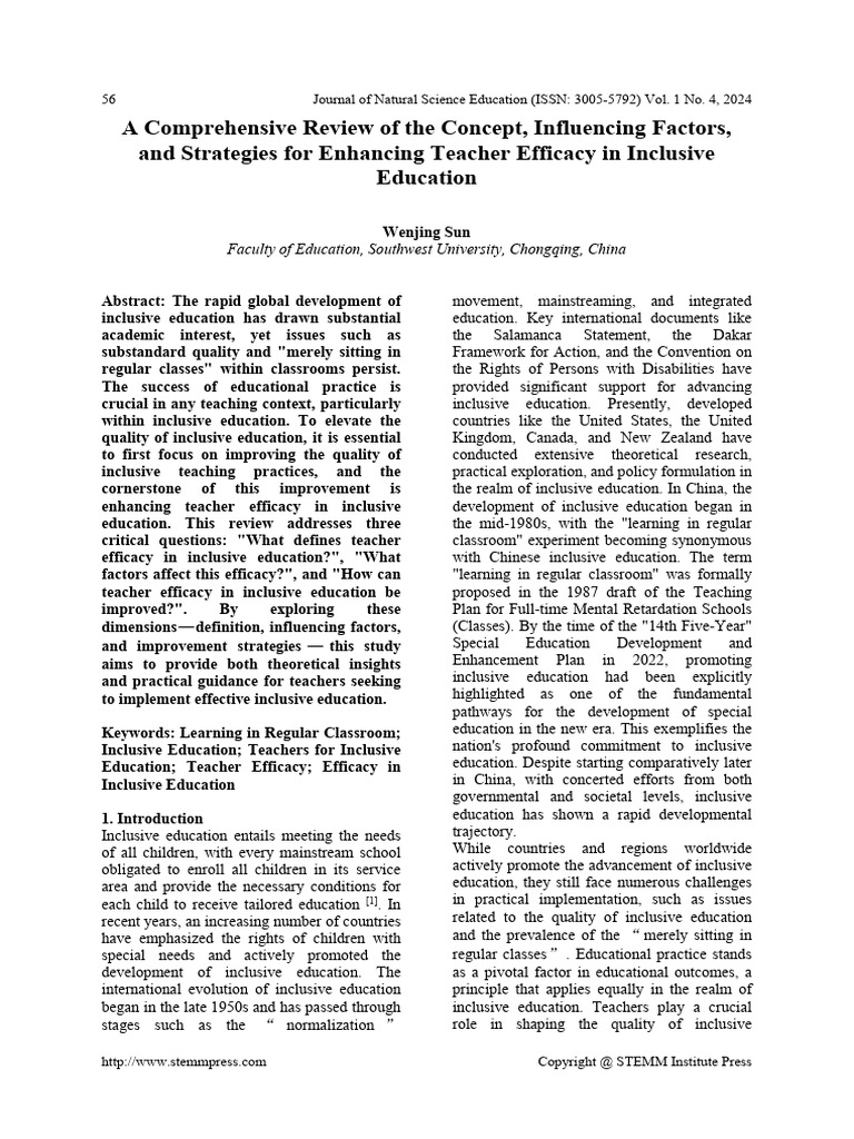 Enhancing Teacher Efficacy in Inclusion | PDF | Inclusion (Education ...