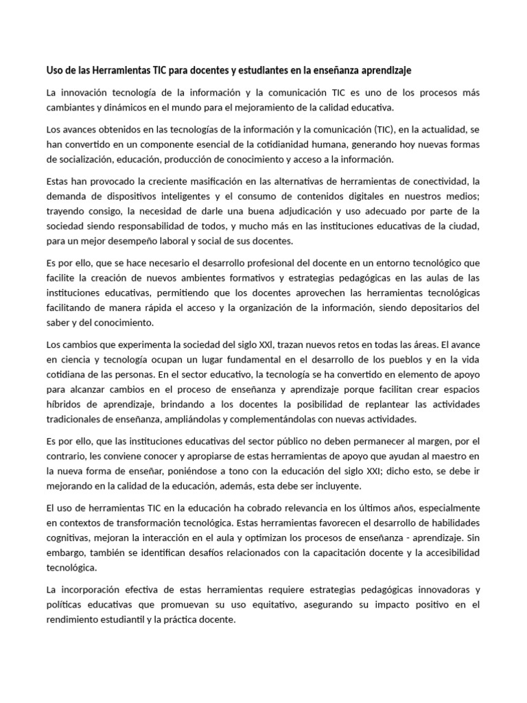 Uso de Las Herramientas TIC para Docentes y Estudiantes en La Enseñanza ...
