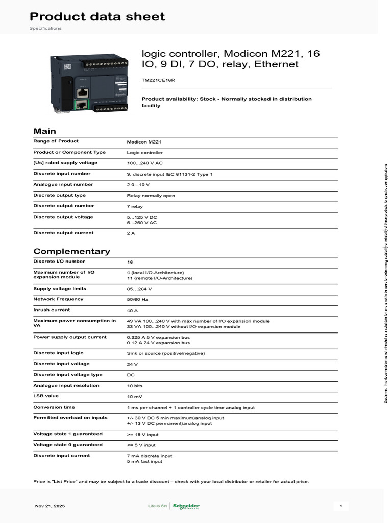 Modicon M221 Logic Controller Specs | PDF | Programmable Logic ...