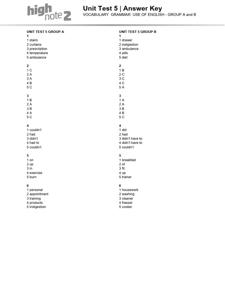 Unit Test 5 Answer Key: Groups A & B | PDF