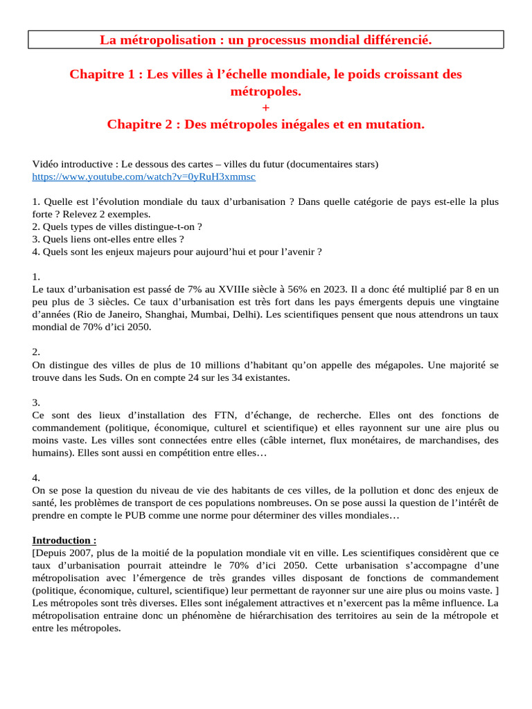 Métropolisation : enjeux et dynamiques urbaines | PDF | Urbanisation ...