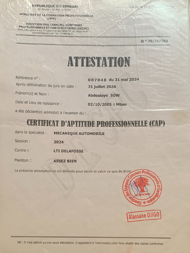 Attestation CAP - Abdoula | PDF