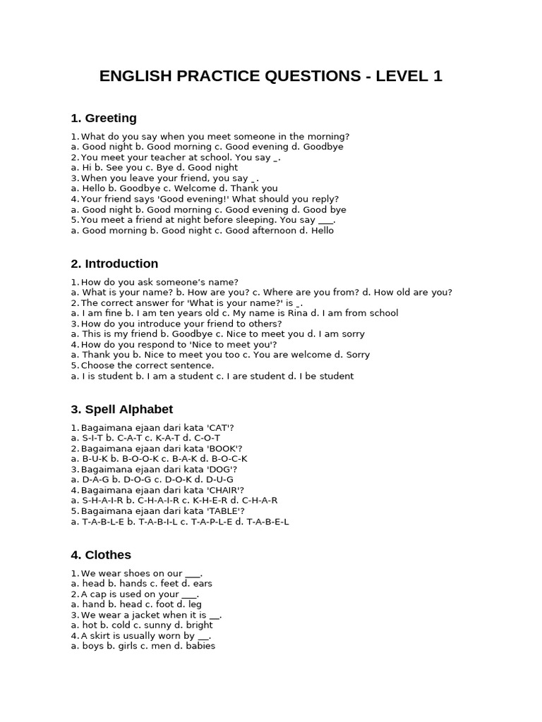 Level 1 English Practice Questions | PDF | Room