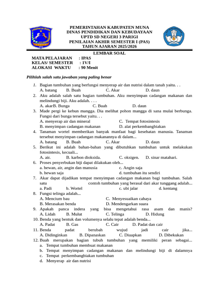 Soal PAS IPAS Kelas IV Semester 1 | PDF