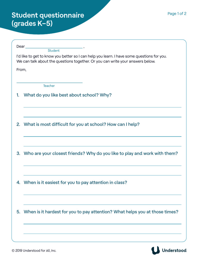 Student Questionnaire for Grades K-5 | PDF