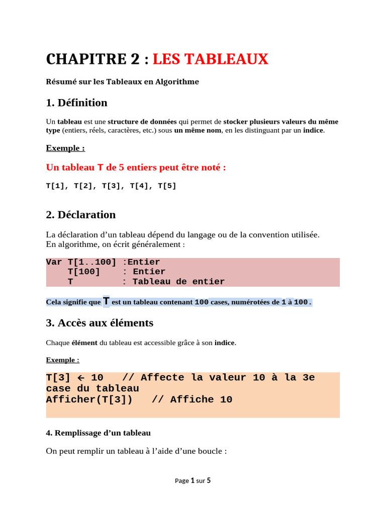 Introduction aux Tableaux en Algorithme | PDF | Programmation ...