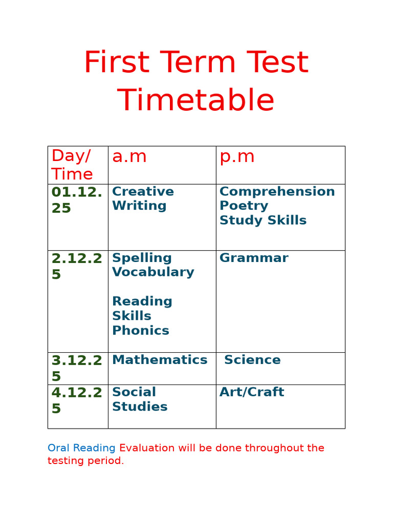 First Term Test Timetable 2023 | PDF