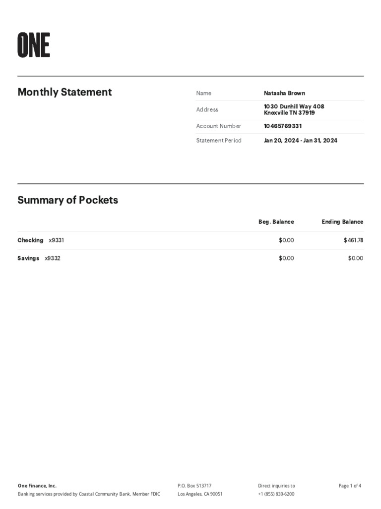 One Finance Monthly Statement Summary | PDF | Banks | Money