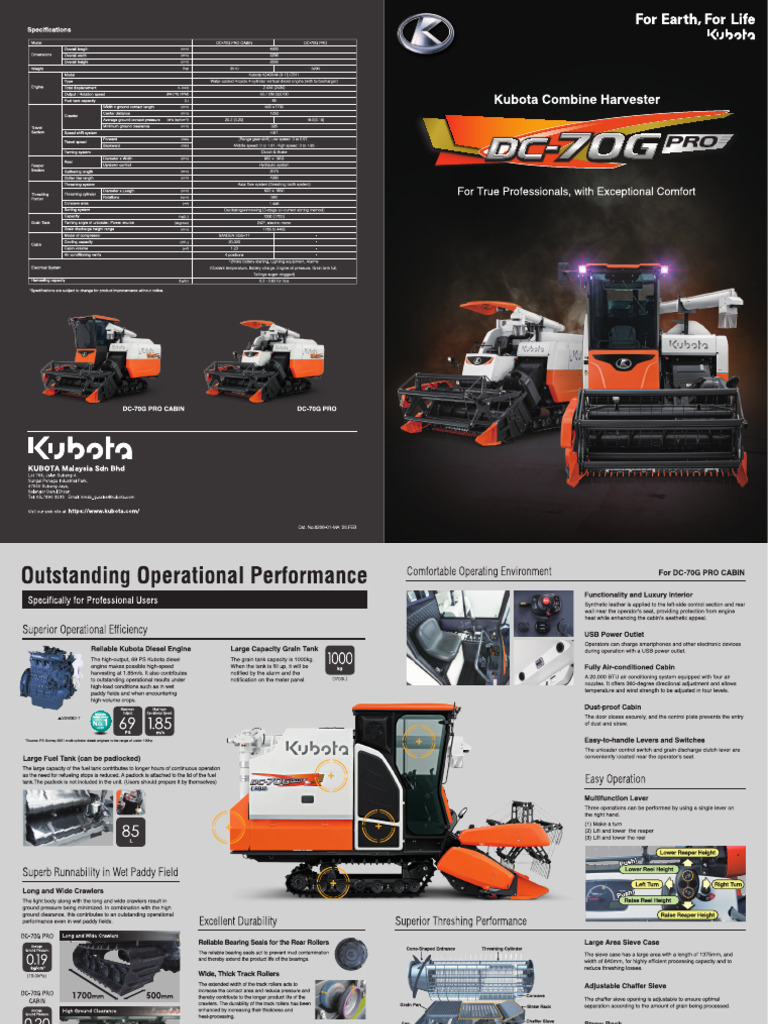 Kubota Combine Harvester DC 70G Pro Series | PDF