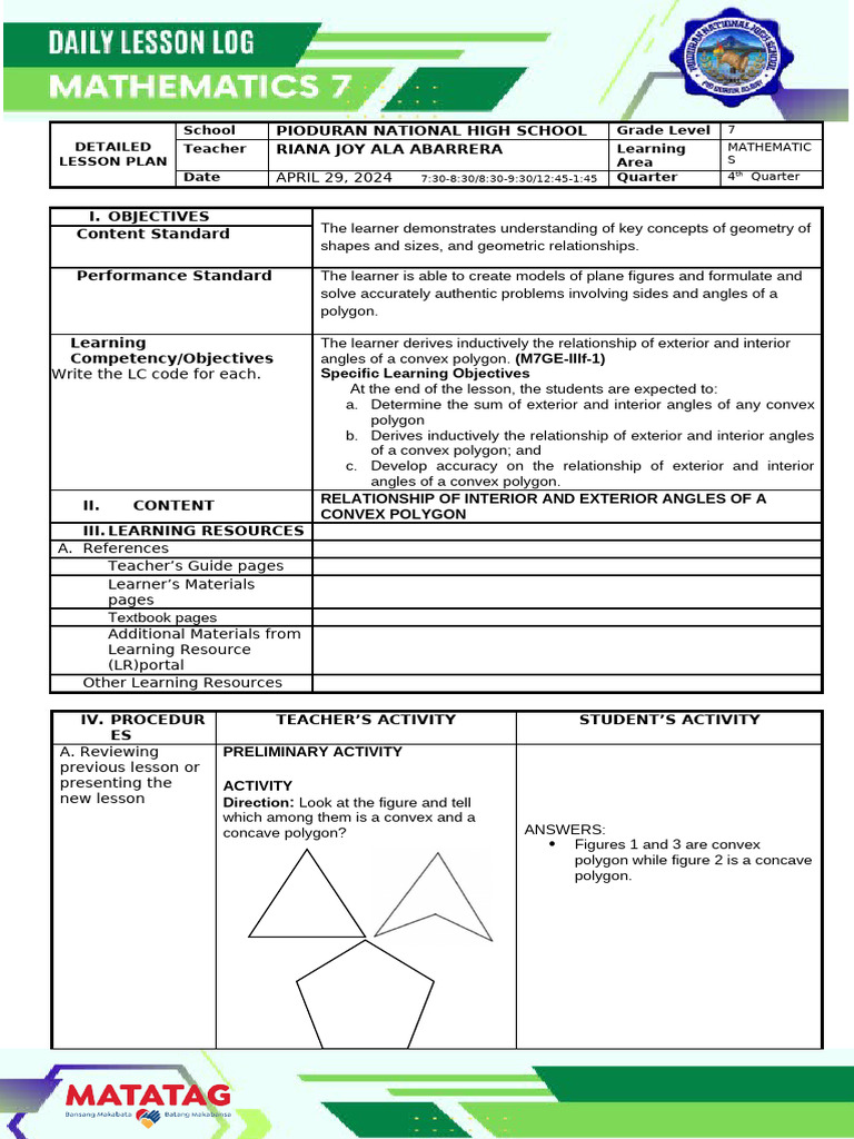Geometry Lesson Plan for Grade 7 | PDF | Triangle | Angle