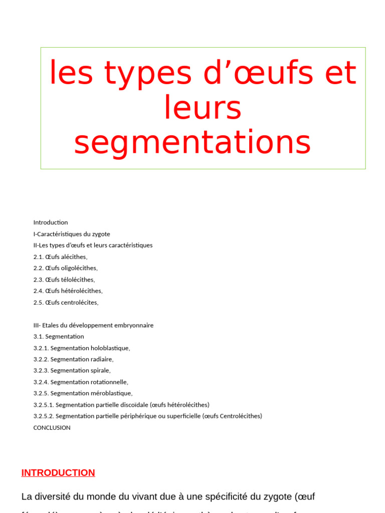 Types d'œufs et segmentation embryonnaire | PDF | la reproduction ...