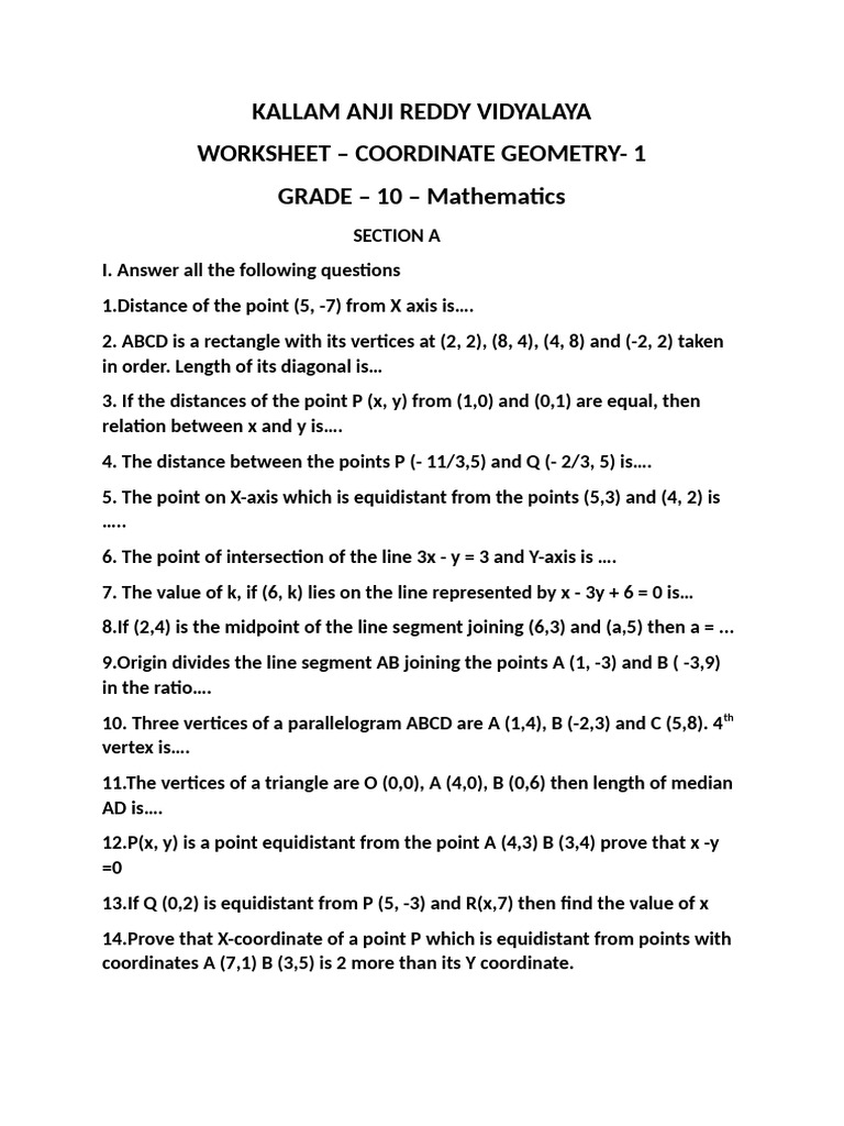 Grade 10 Coordinate Geometry Worksheet | PDF