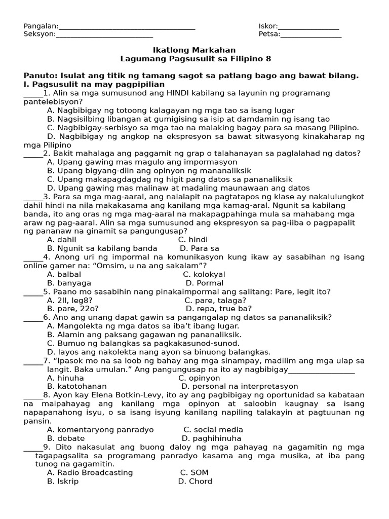 Pagsusulit Sa Filipino | PDF