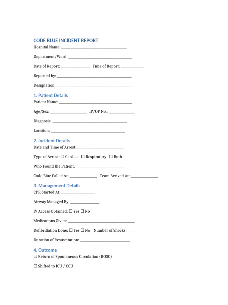 Code Blue Incident Report Template | PDF | Cardiopulmonary ...