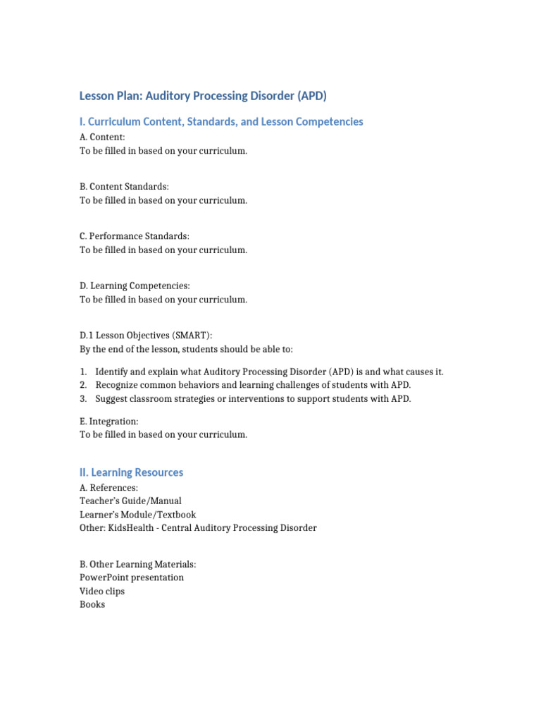 Lesson Plan Auditory Processing Disorder APD | PDF | Learning | Curriculum