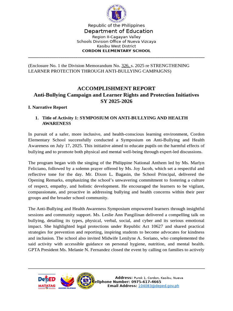 Cordon Es Accomplishment Report On Bullying For The Month of July | PDF ...