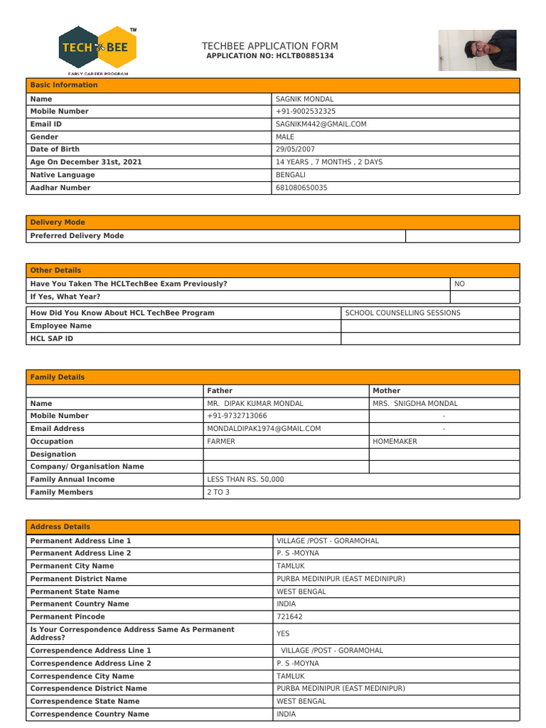 HCL TechBee Application Form 2025 | PDF