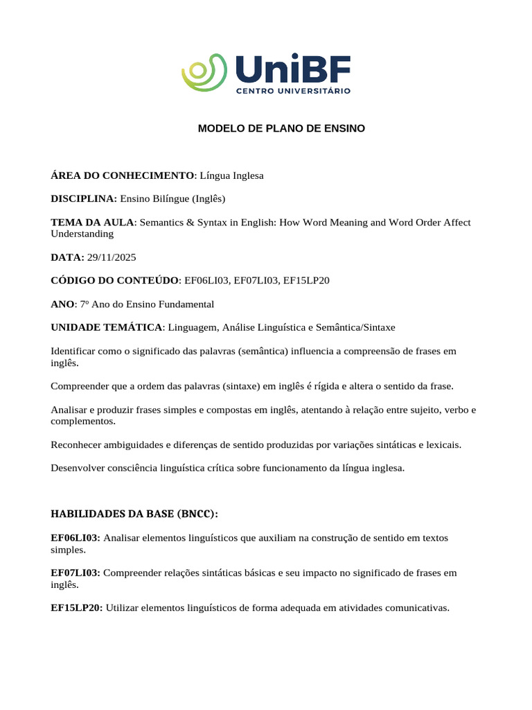 Semântica e Sintaxe no Ensino de Inglês | PDF | Linguística | Mecânica ...