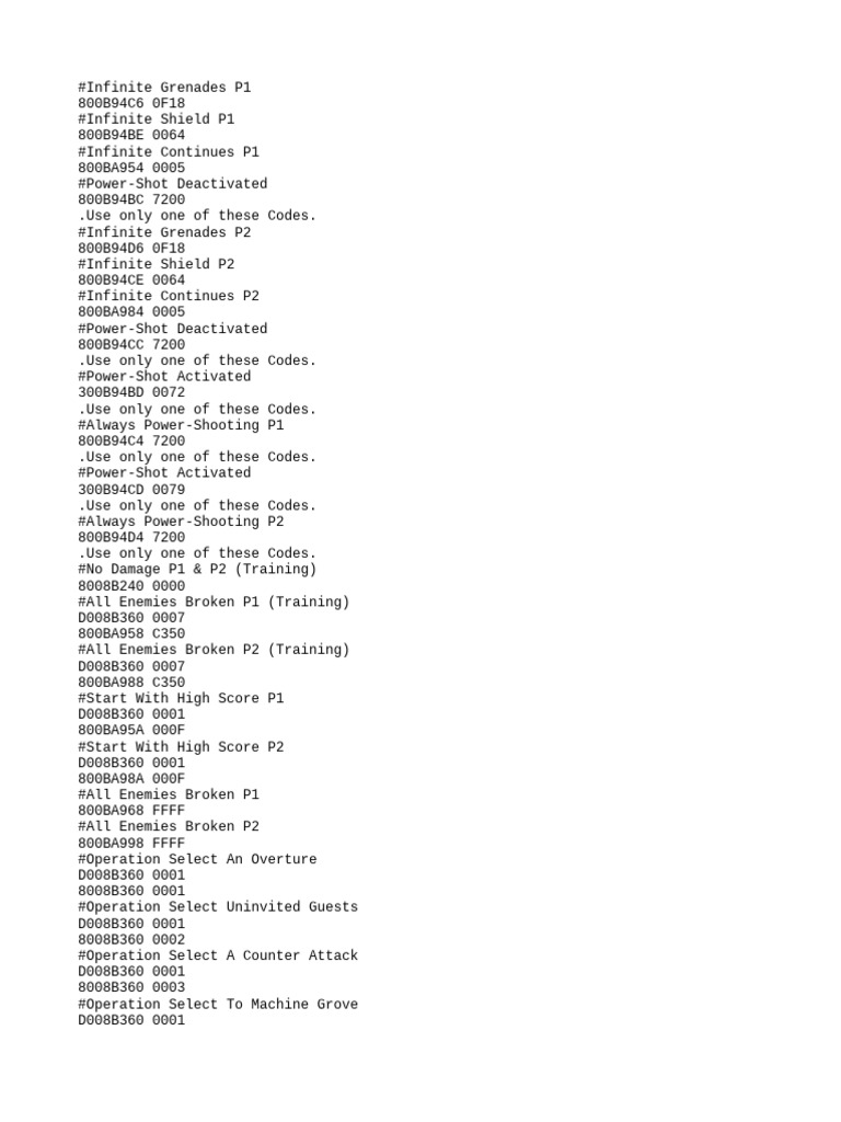 Game Cheat Codes for Infinite Lives | PDF | Gaming | Single Player Games