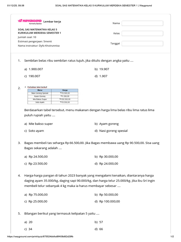 Soal Matematika Kelas 5 Kurikulum Merdeka | PDF
