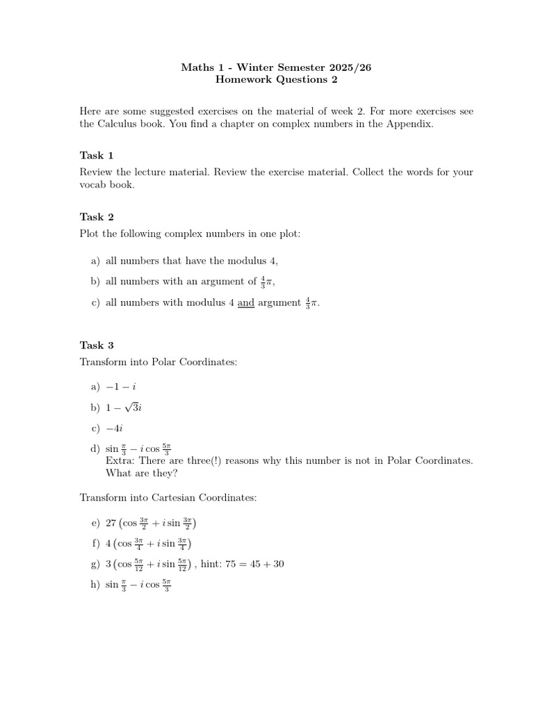 Winter 2025/26 Maths Homework: Complex Numbers | PDF
