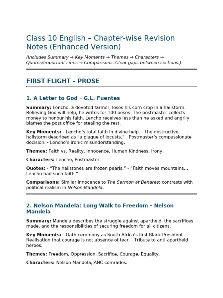 Class 10 English Revision Notes | PDF | Nelson Mandela | Anne Frank