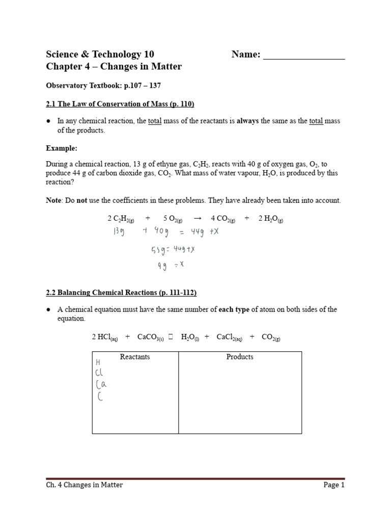 Ch. 4.2 Cons. of Mass & Balancing Chem. Equations | PDF | Chemical ...