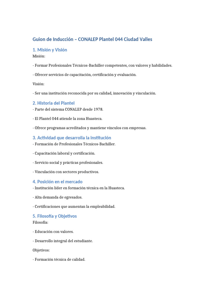 Guion Induccion CONALEP 044 | PDF