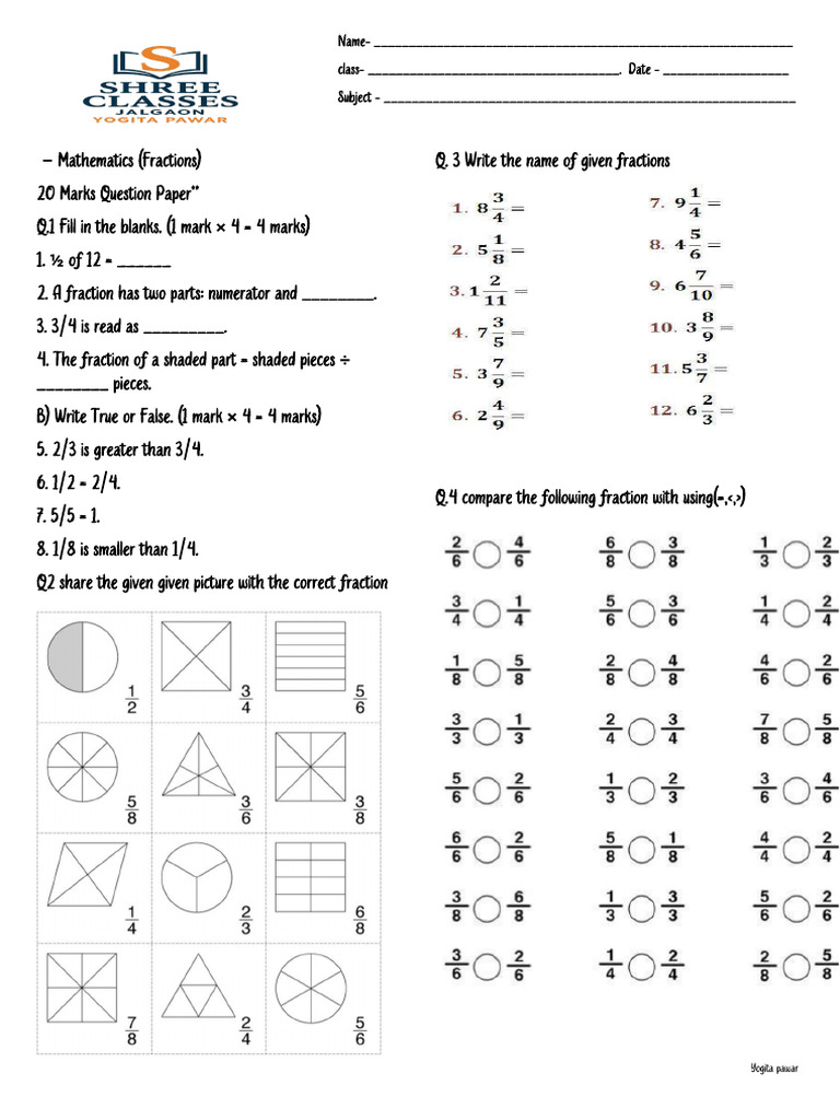 Mathematics Fractions Question Paper | PDF
