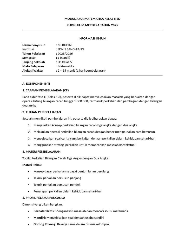 Modul Ajar Matematika Kelas 5 SD 2025 | PDF