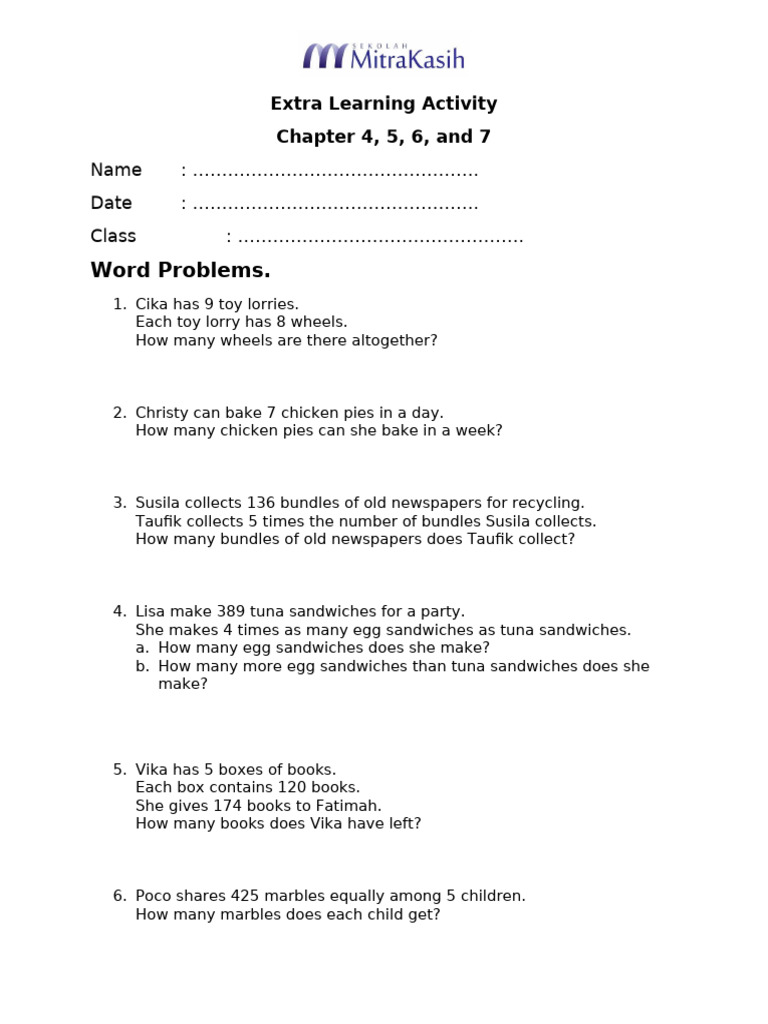 Word Problems for Extra Learning Activities | PDF