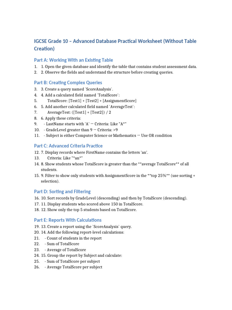 IGCSE Grade10 Advanced Database Practice NoTableCreation | PDF