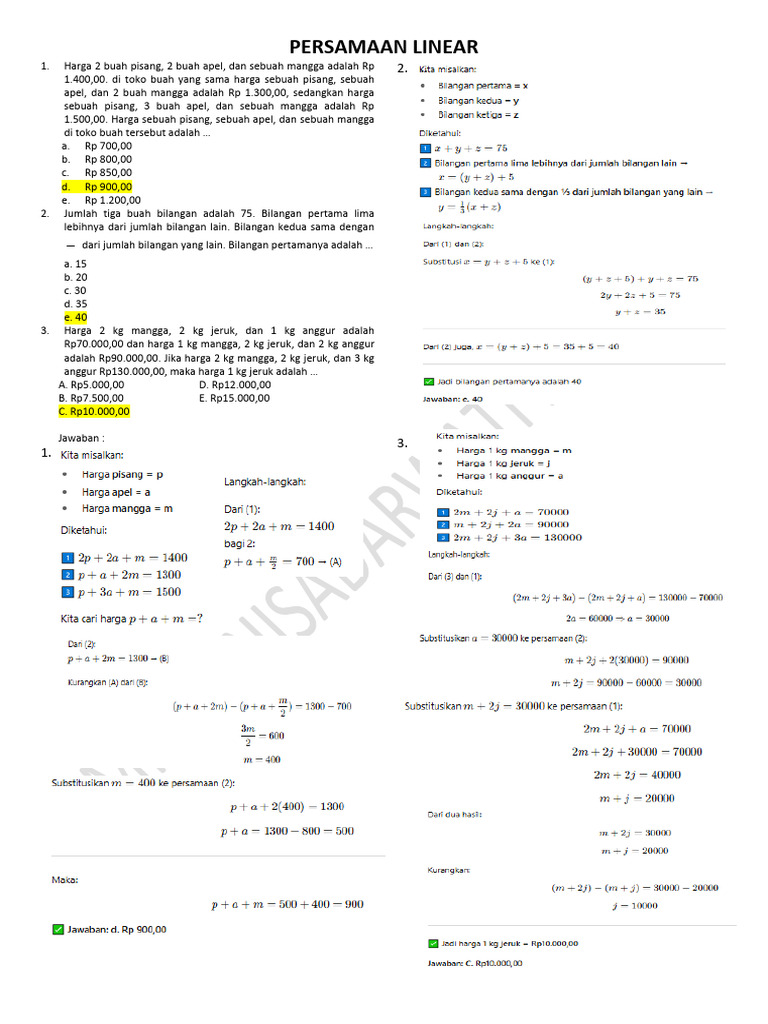 Persamaan Linear dan Soal Matematika | PDF