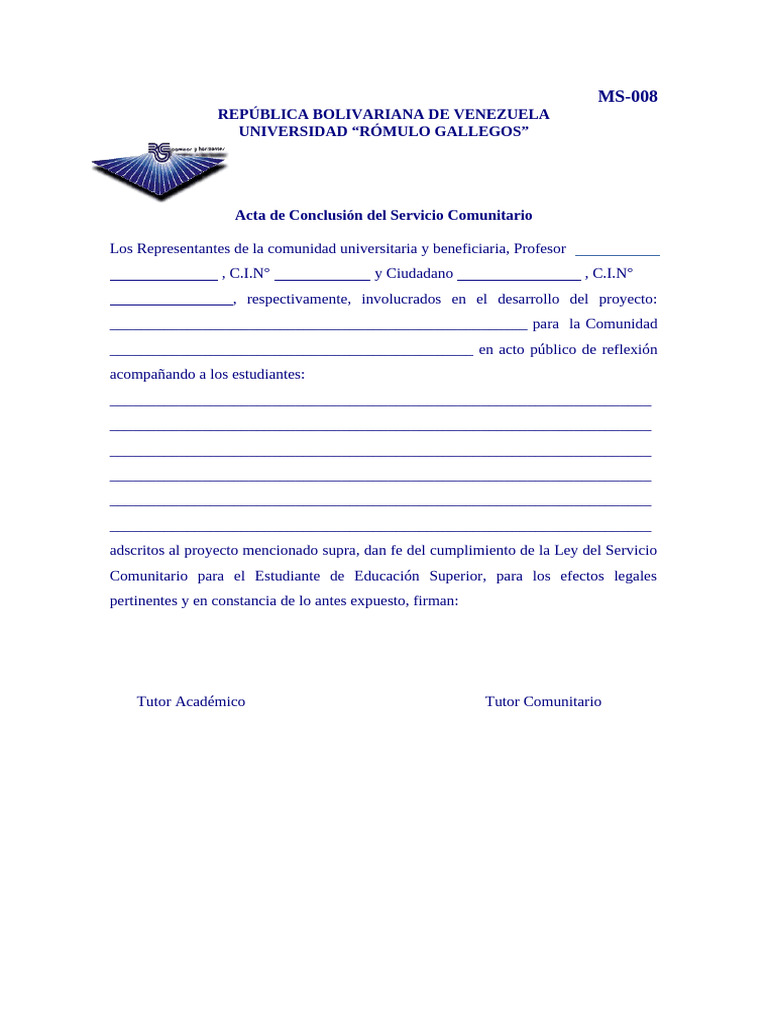 Acta de Conclusion de Servicio Comunitario MS 008 | PDF