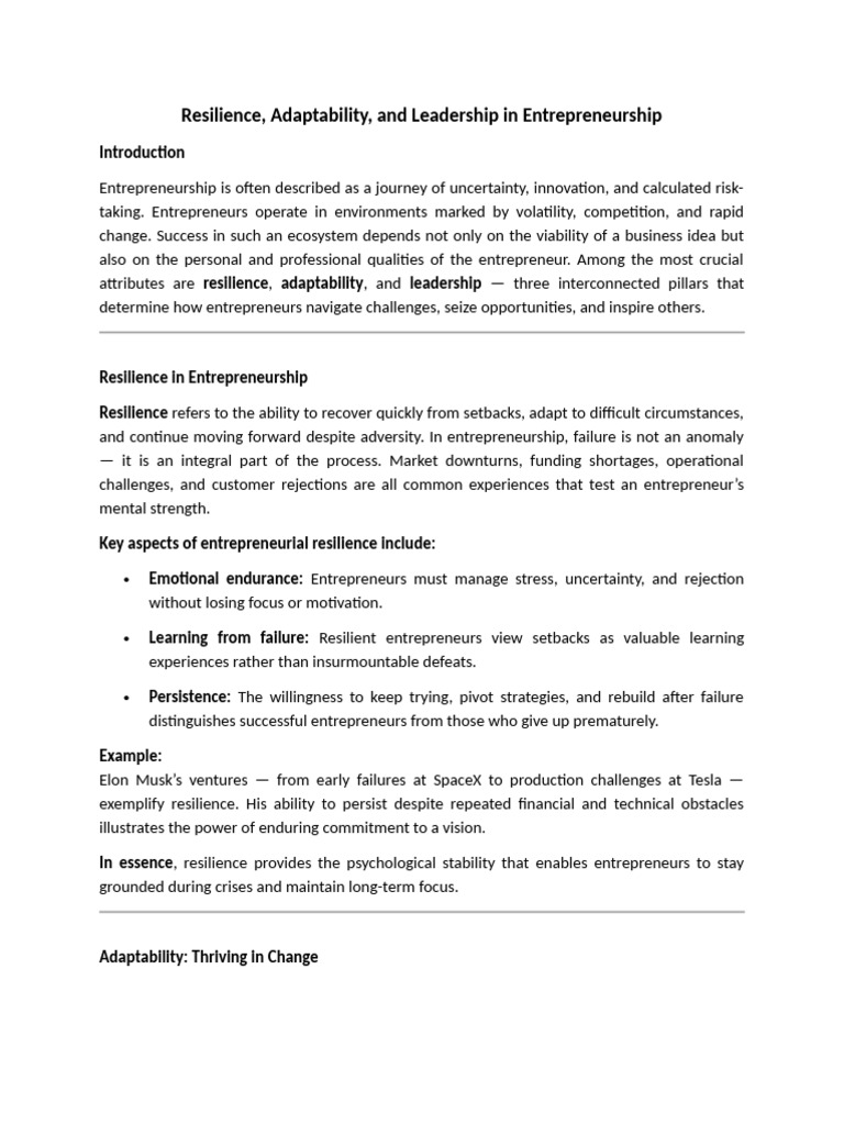 Resilience and Leadership in Entrepreneurship | PDF | Entrepreneurship ...
