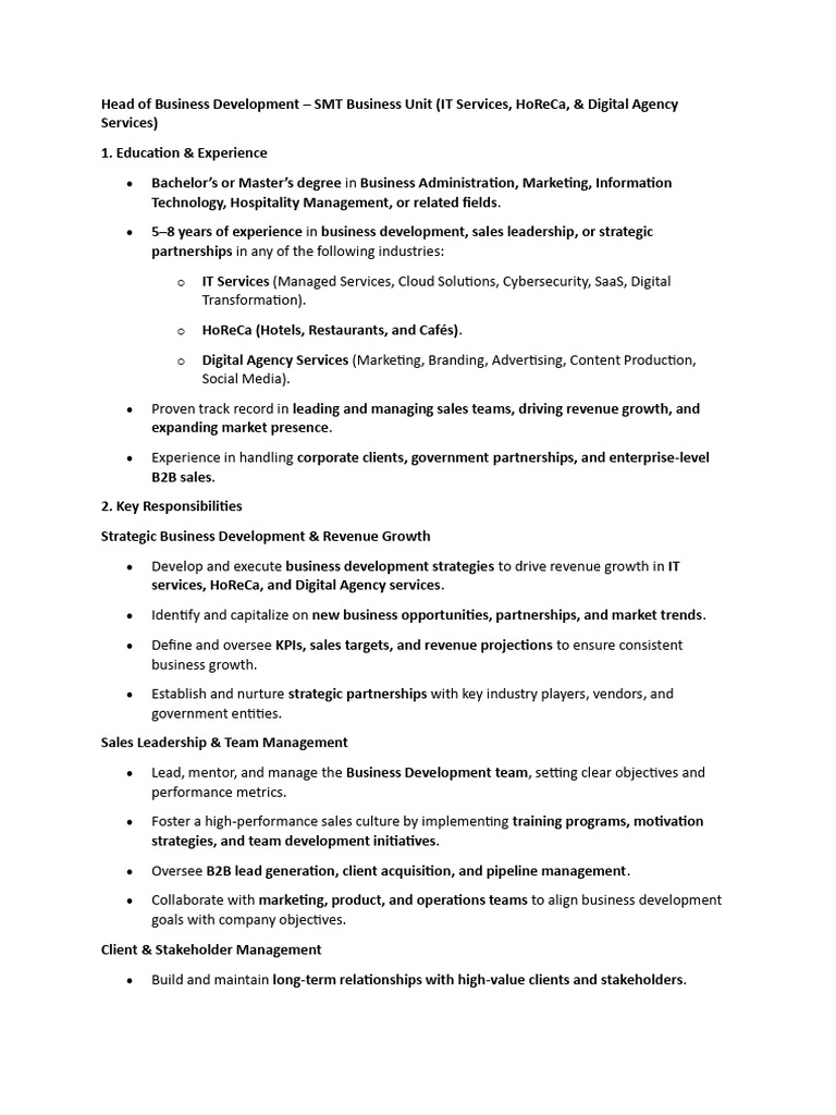 Head of Business Development Role Overview | PDF | Marketing | Business