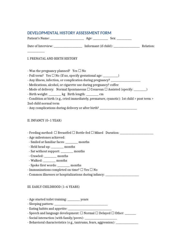 Developmental History Assessment Form | PDF | Infants | Pregnancy